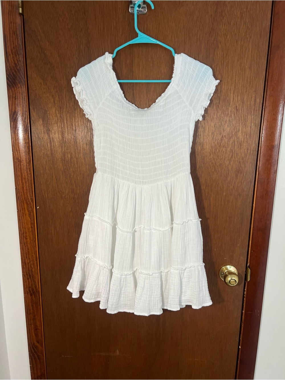 American Eagle Outfitters White Ruffle Tiered Smocked Off the Shoulder Dress - Picture 4 of 5